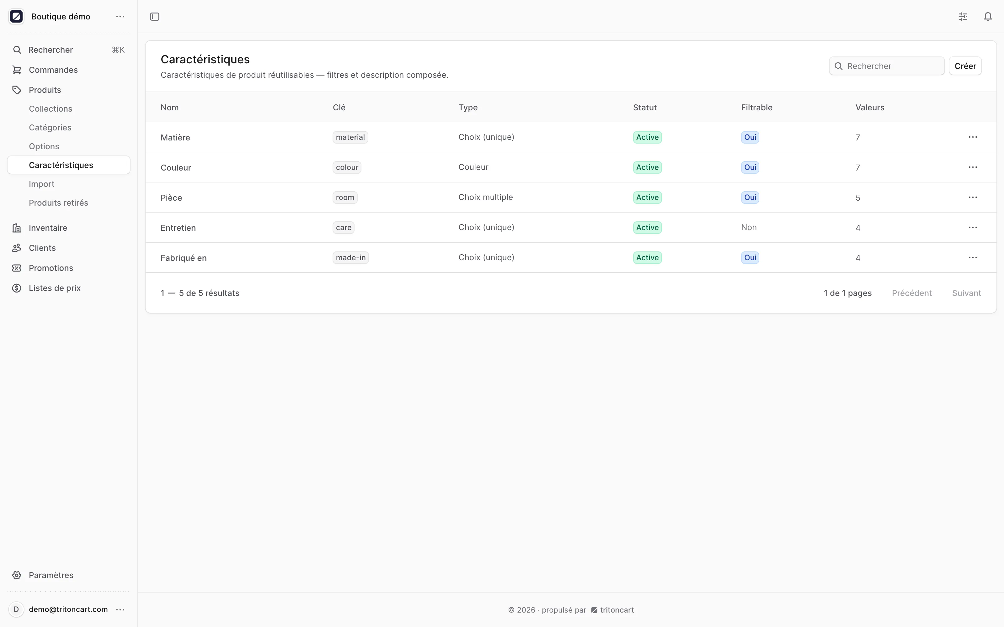 Le back-office TritonCart : les attributs produits — type, statut, filtrable et nombre de valeurs