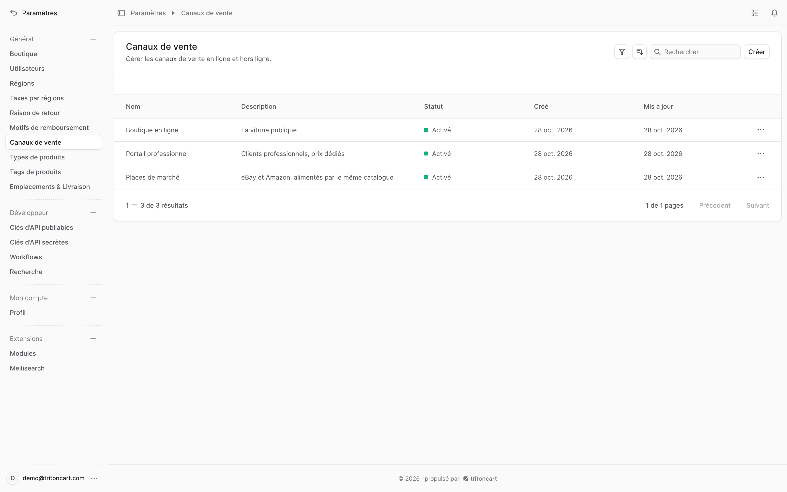 Le back-office TritonCart : les canaux de vente — plusieurs canaux depuis un seul catalogue, chacun avec ses propres produits