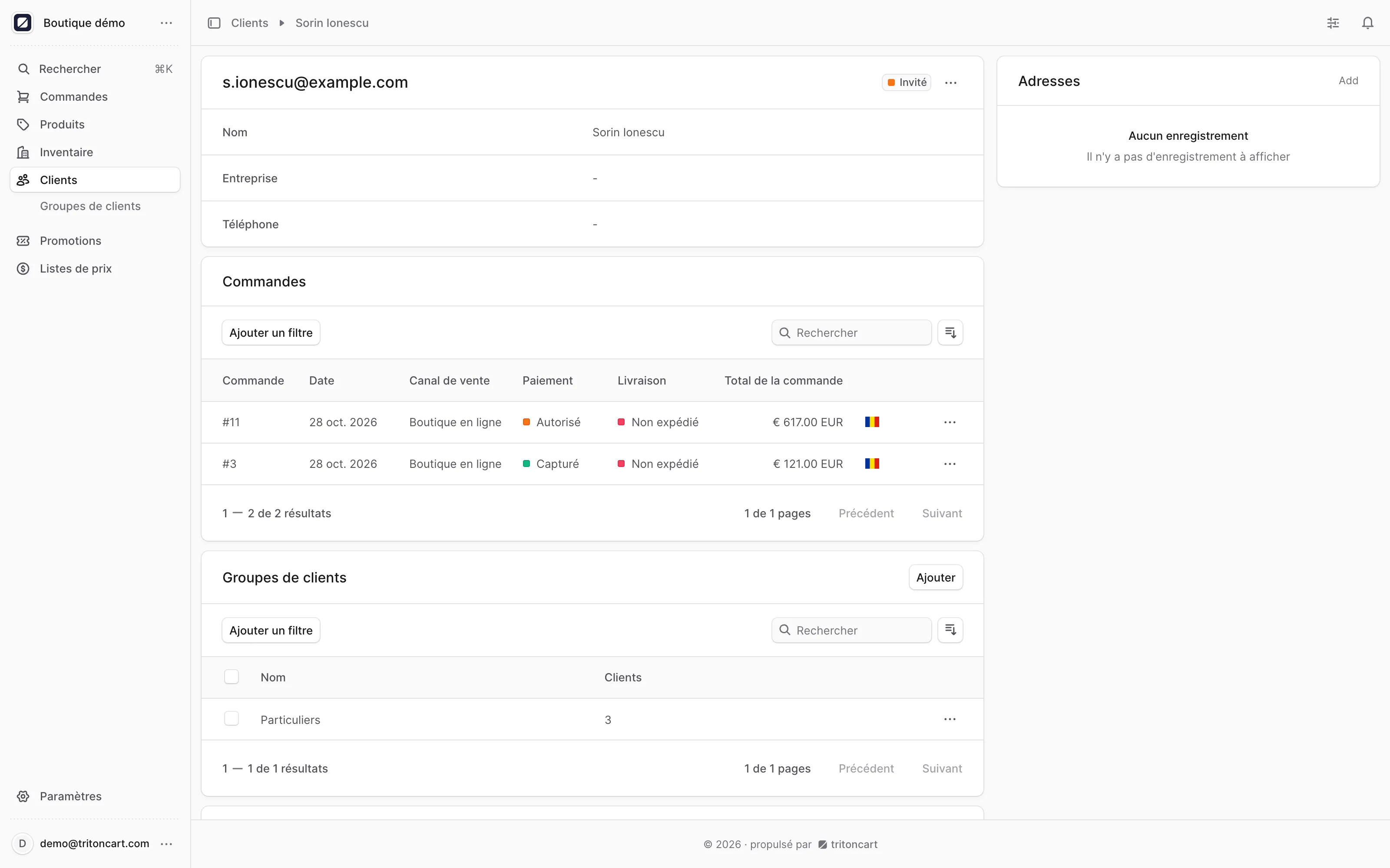 Le back-office : un client avec son groupe, ses adresses et son historique de commandes