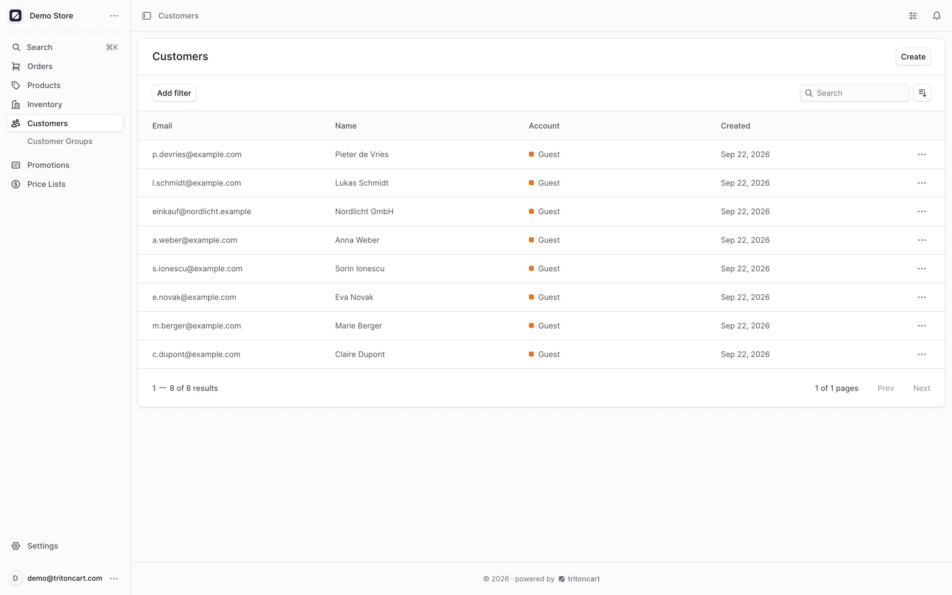 The customer list in the admin.