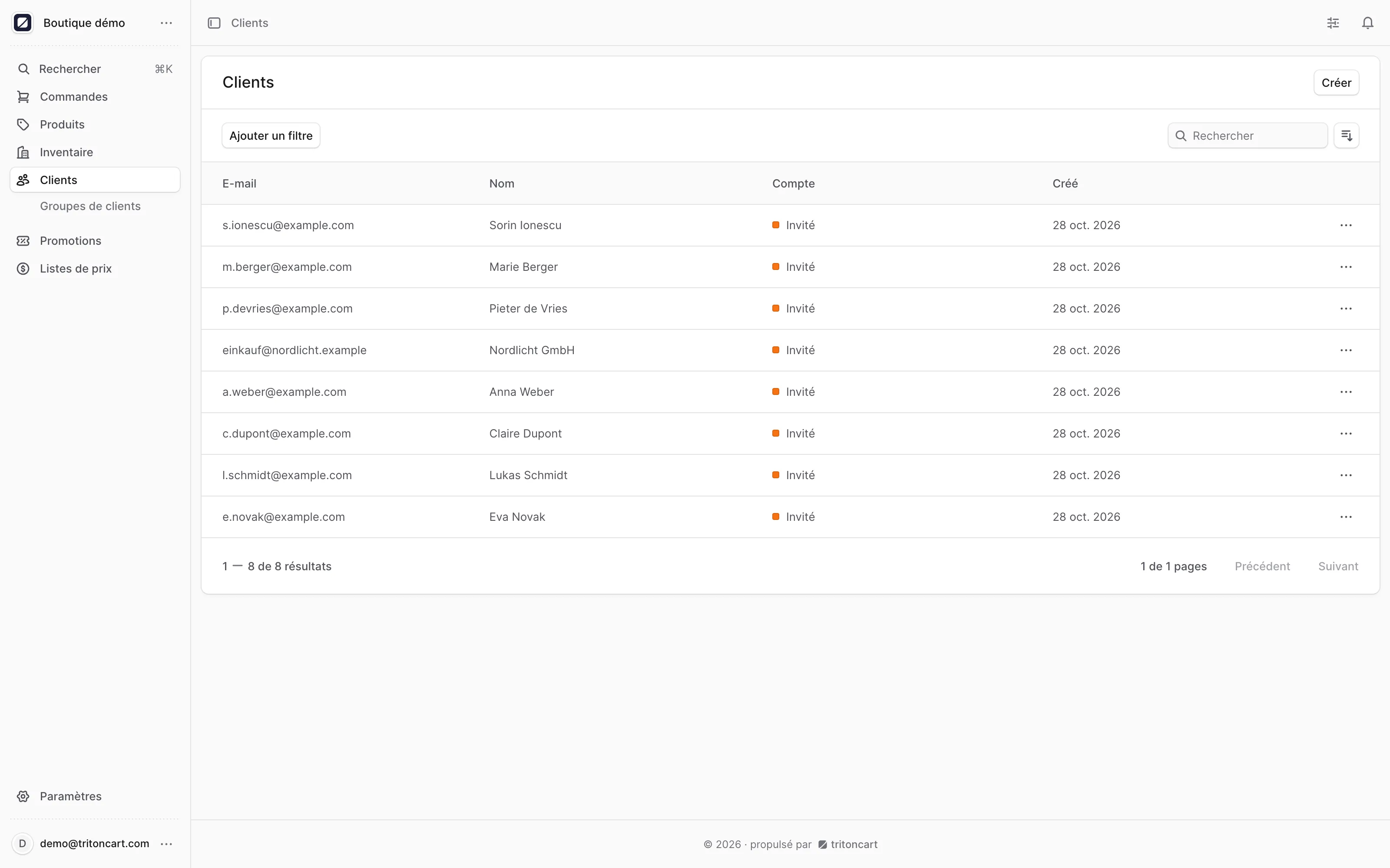 La liste des clients dans le back-office.