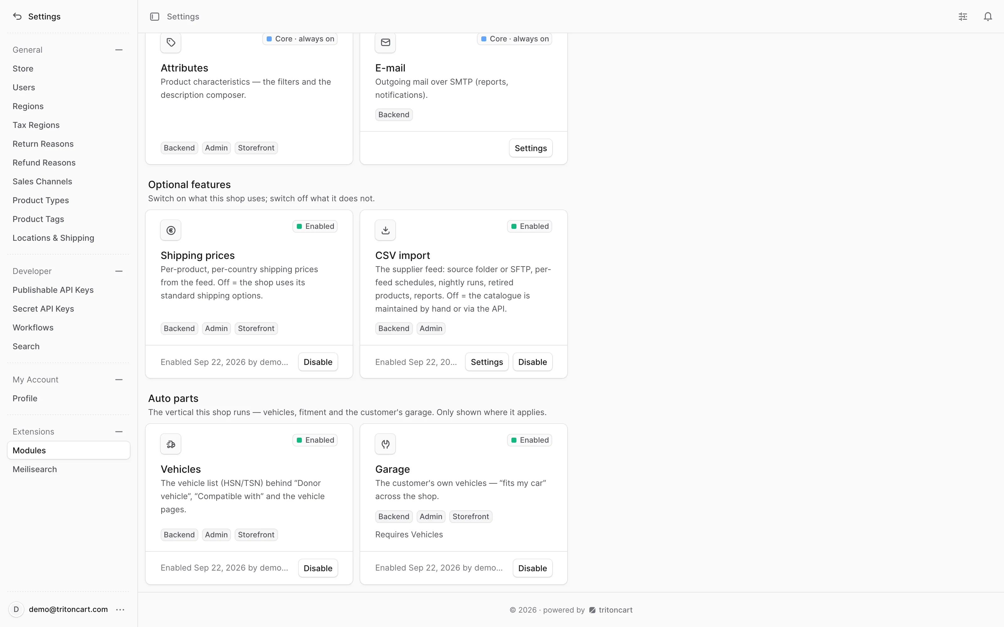 The modules page in the admin with the Auto parts group enabled: Vehicles and Garage.
