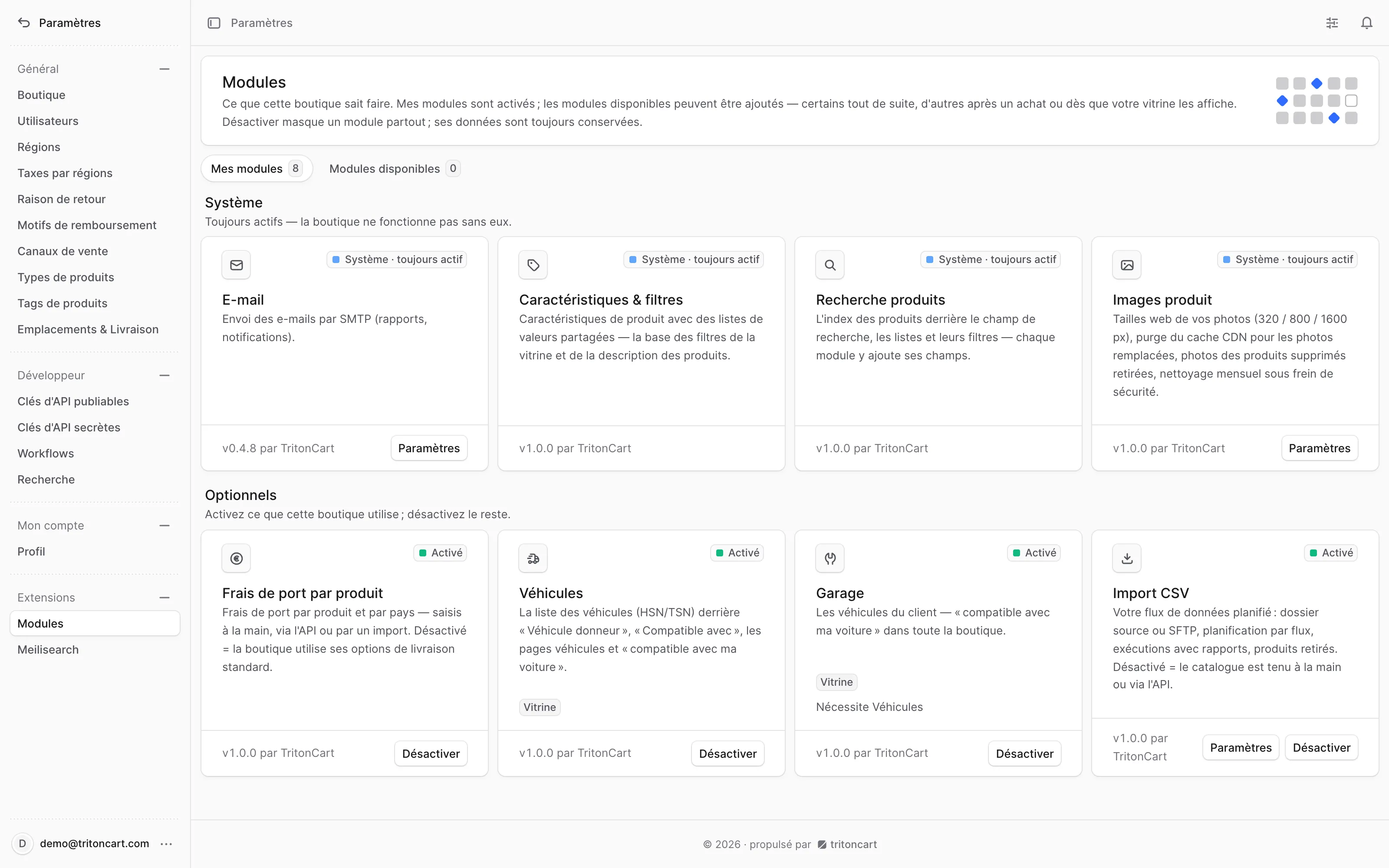 La page Modules du back-office : Véhicules et Garage activés, à côté des autres modules de la boutique.