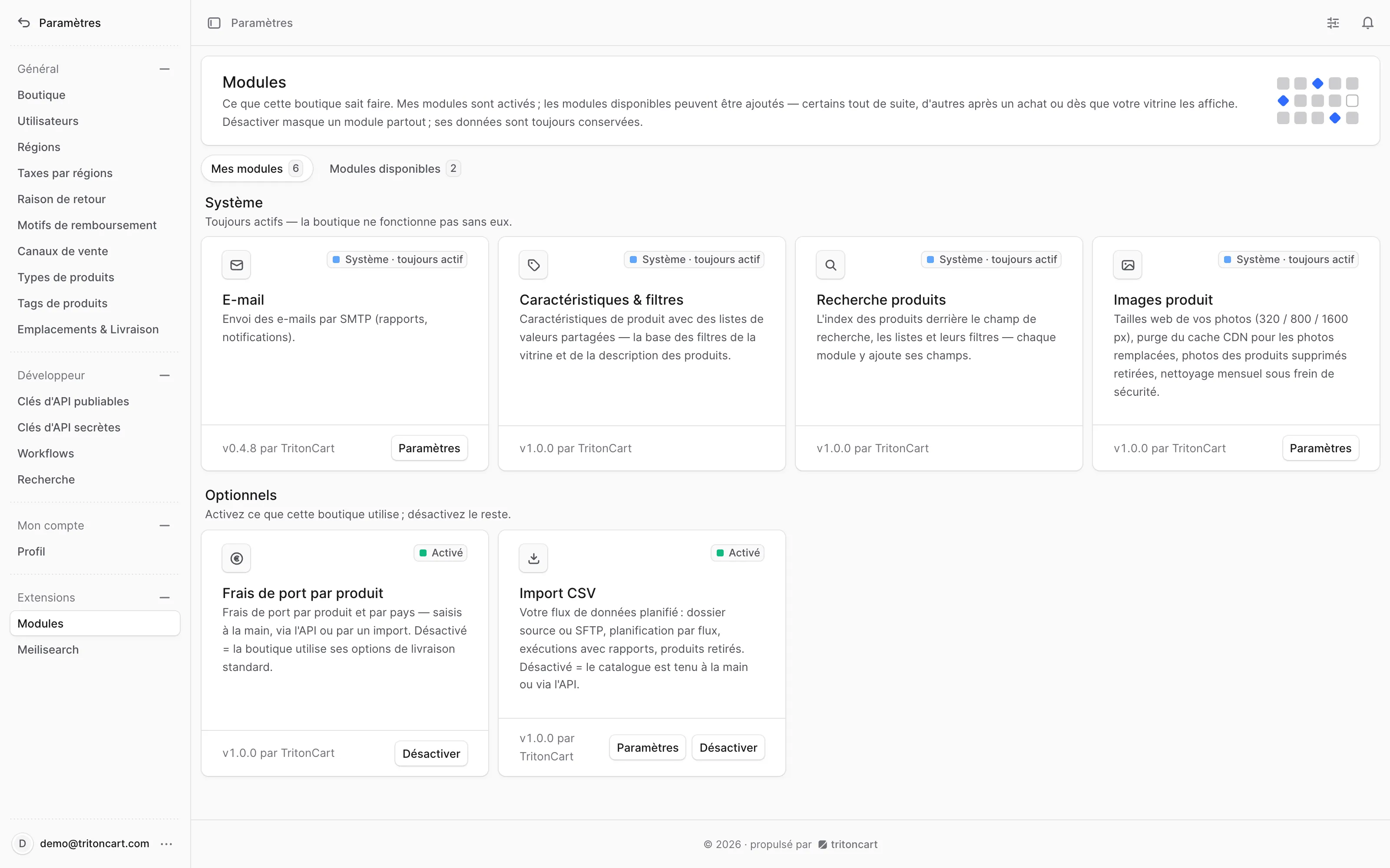 Le back-office TritonCart : la page Modules — ce que la boutique inclut et ce qui est activé