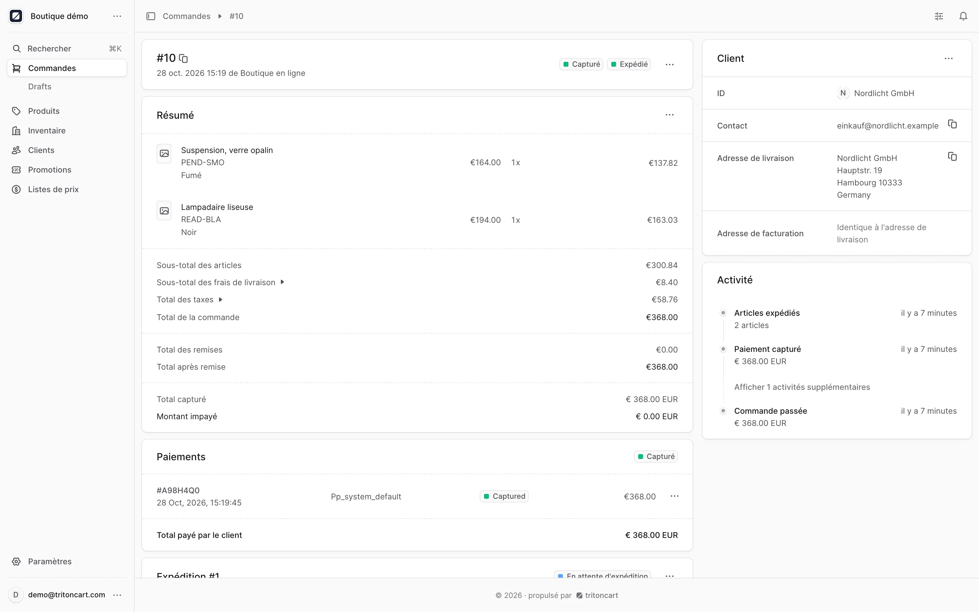 Le back-office : une commande avec son paiement, son expédition et son historique