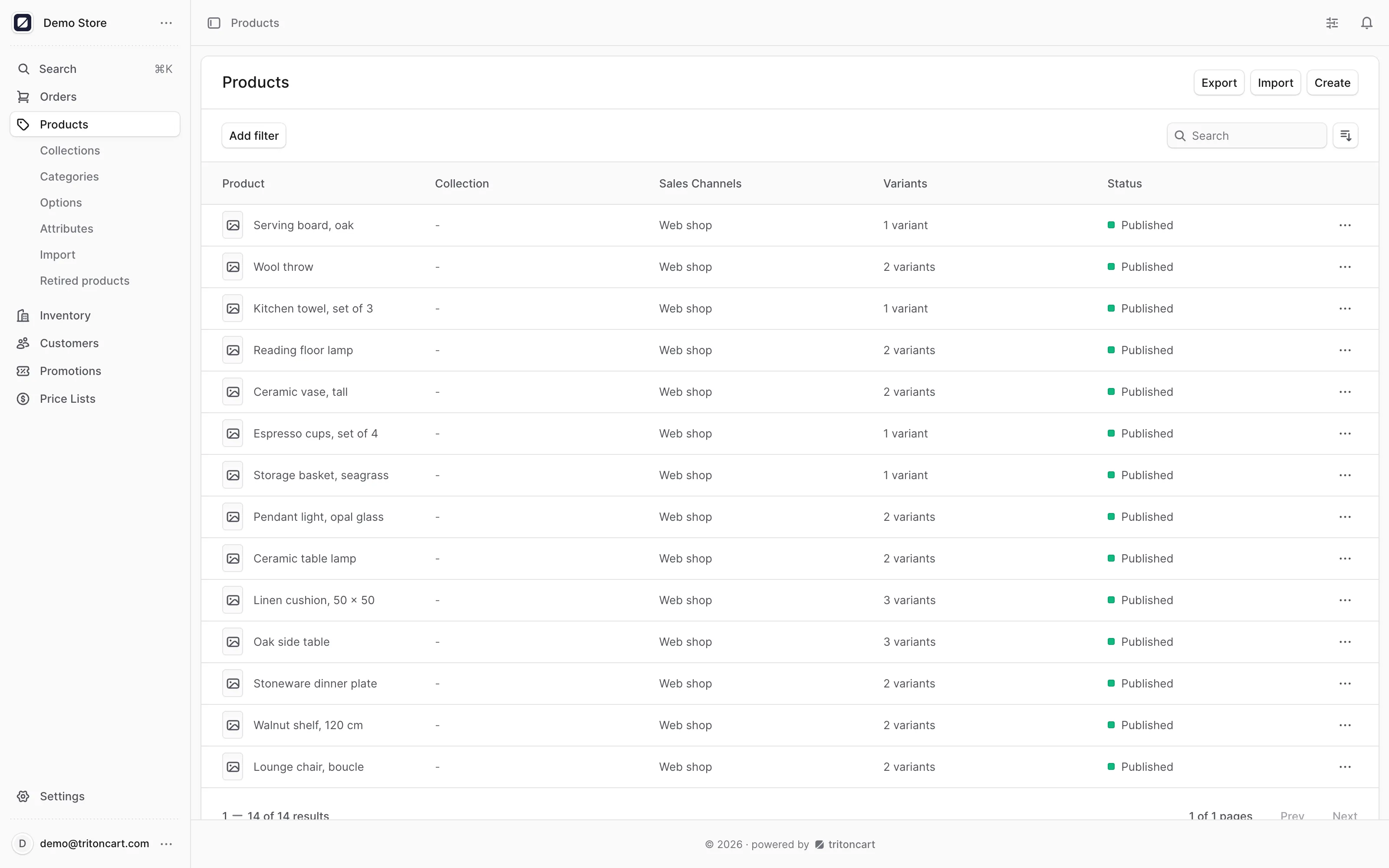 The product list in the TritonCart admin: variants, status, stock and channels.