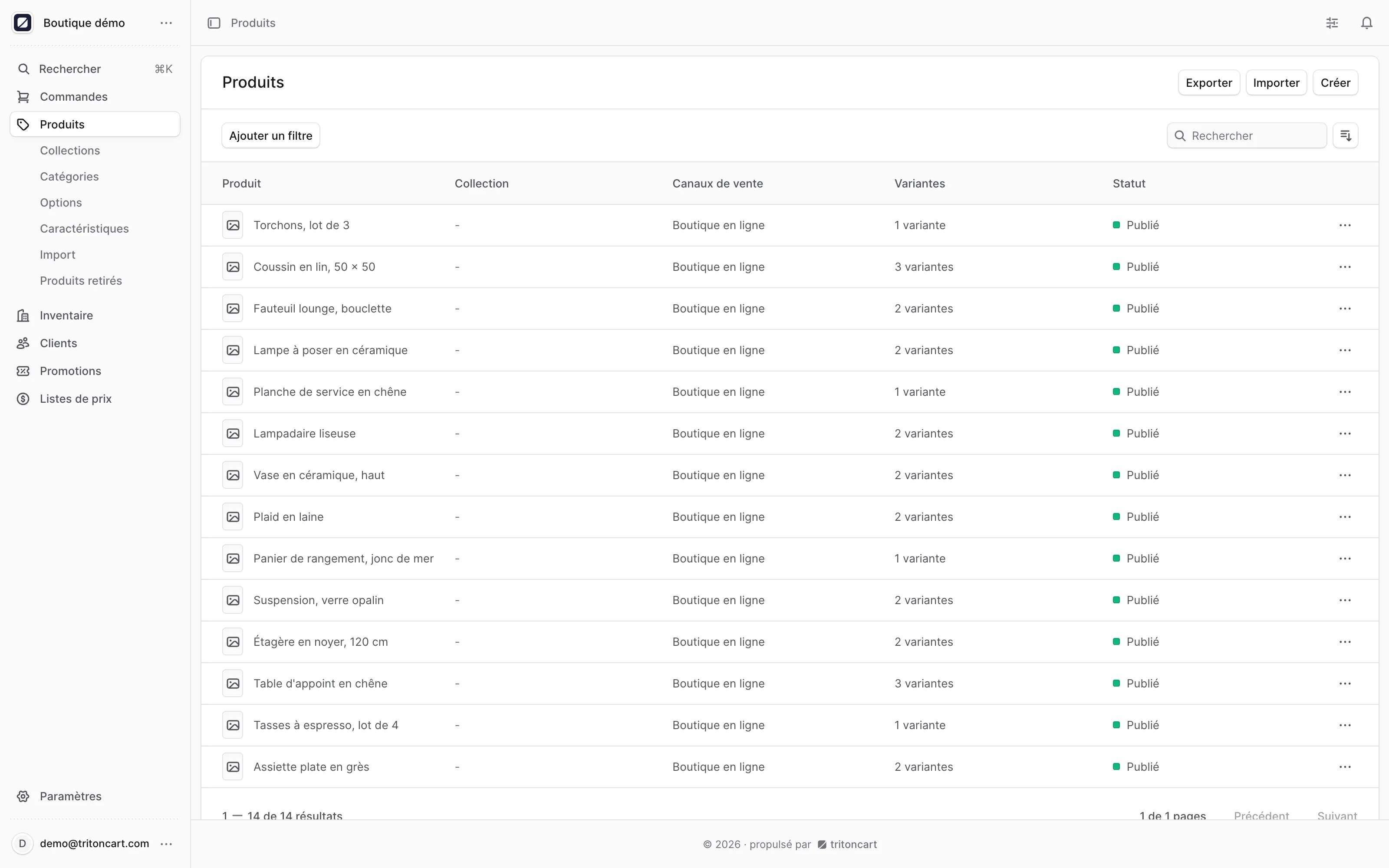 La liste des produits dans le back-office TritonCart : variantes, statut, stock et canaux.
