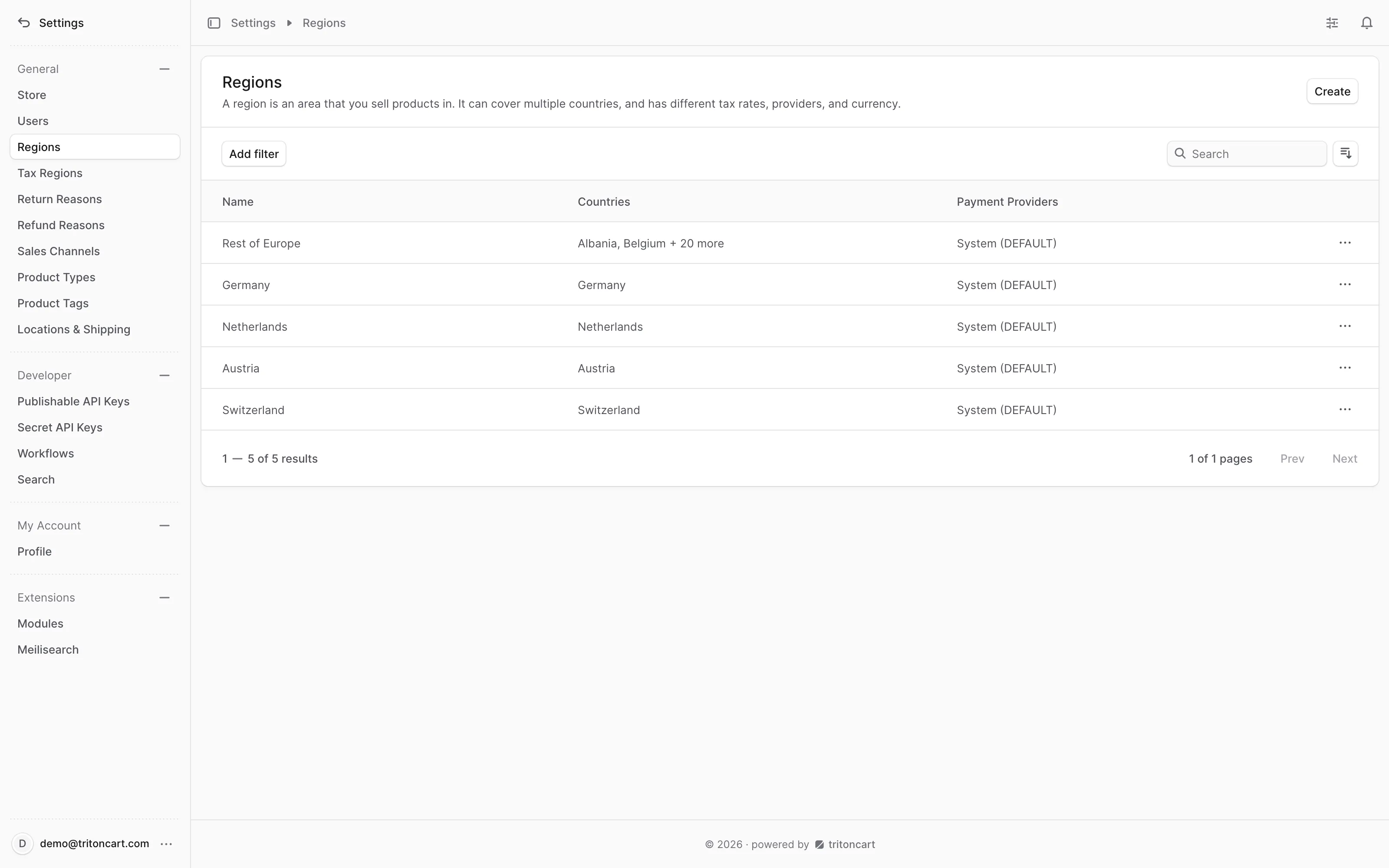 The regions list in the admin.
