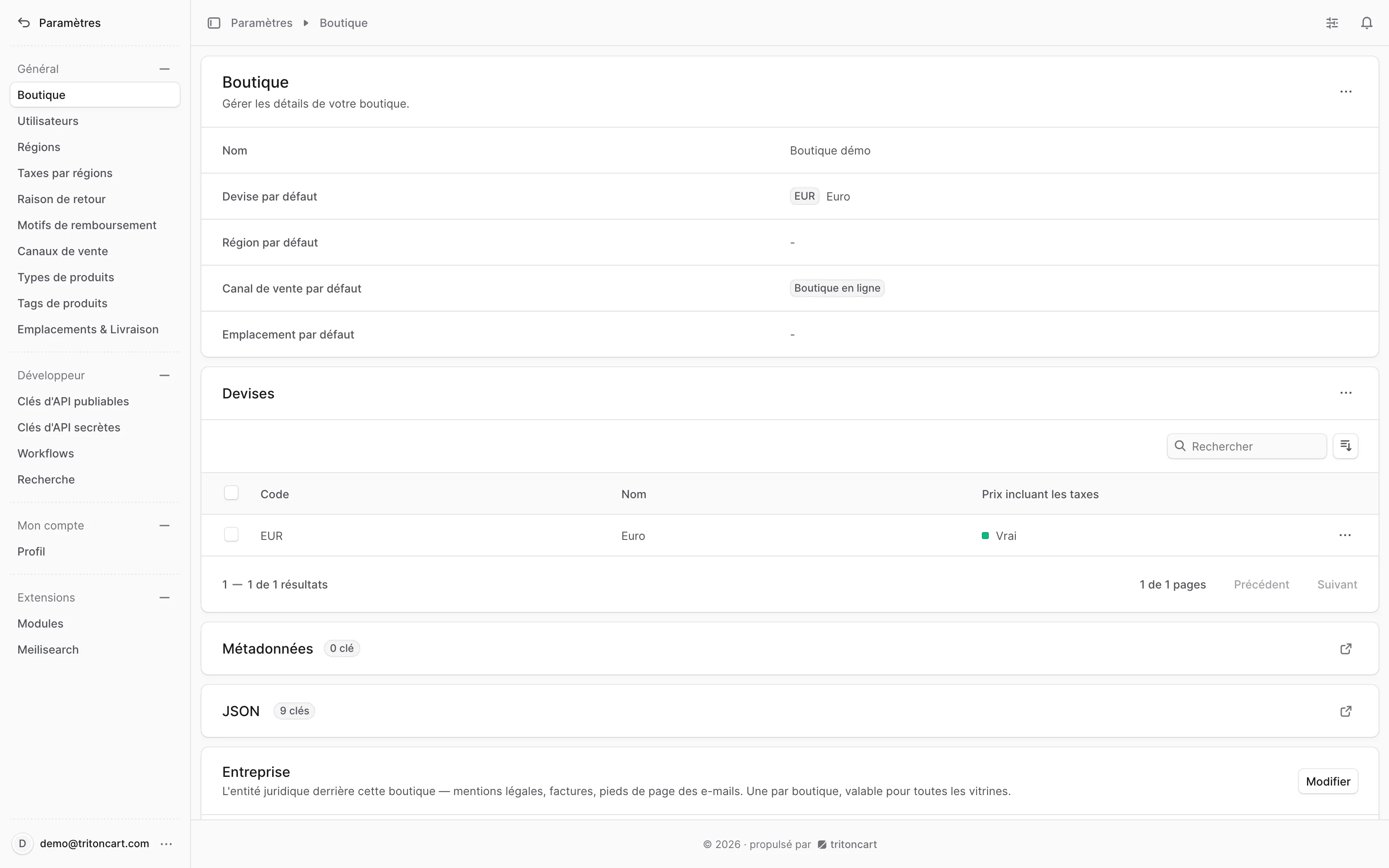 Le back-office TritonCart : les paramètres — boutique, régions, TVA, canaux de vente, livraison et modules au même endroit