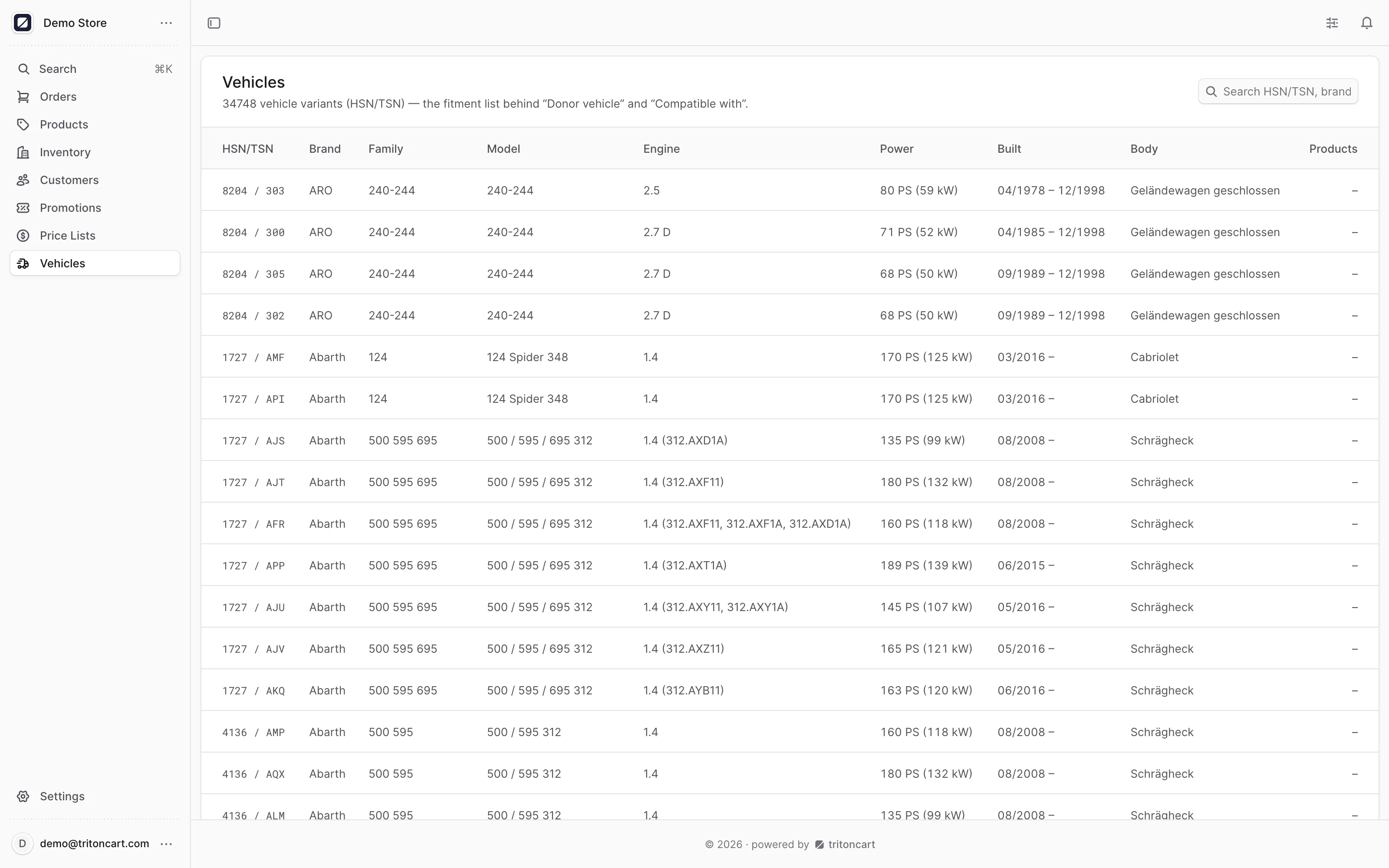 The vehicle master in the admin: 34,748 HSN/TSN variants with engine, power, years and body.